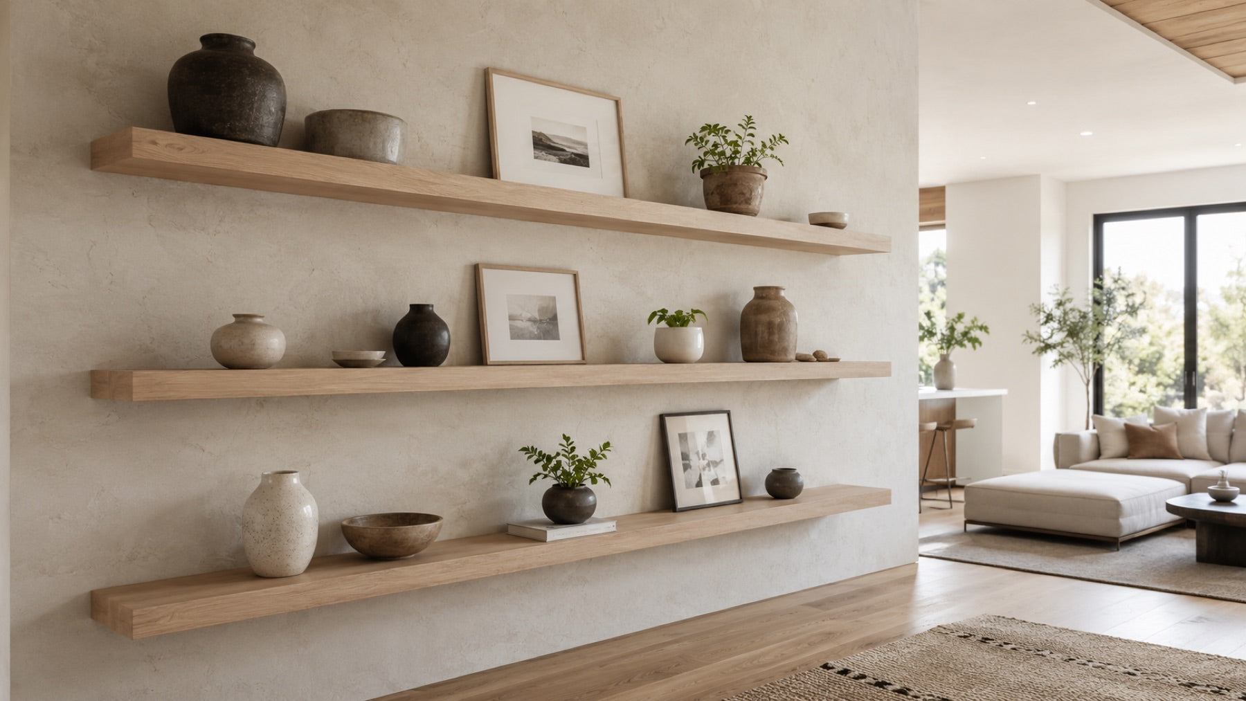 Floating shelves mounted on a textured plaster wall