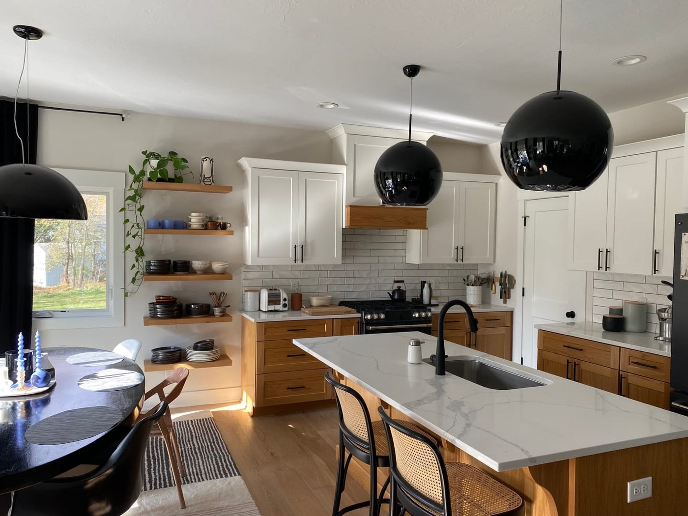 Oak floating shelves in a modern kitchen